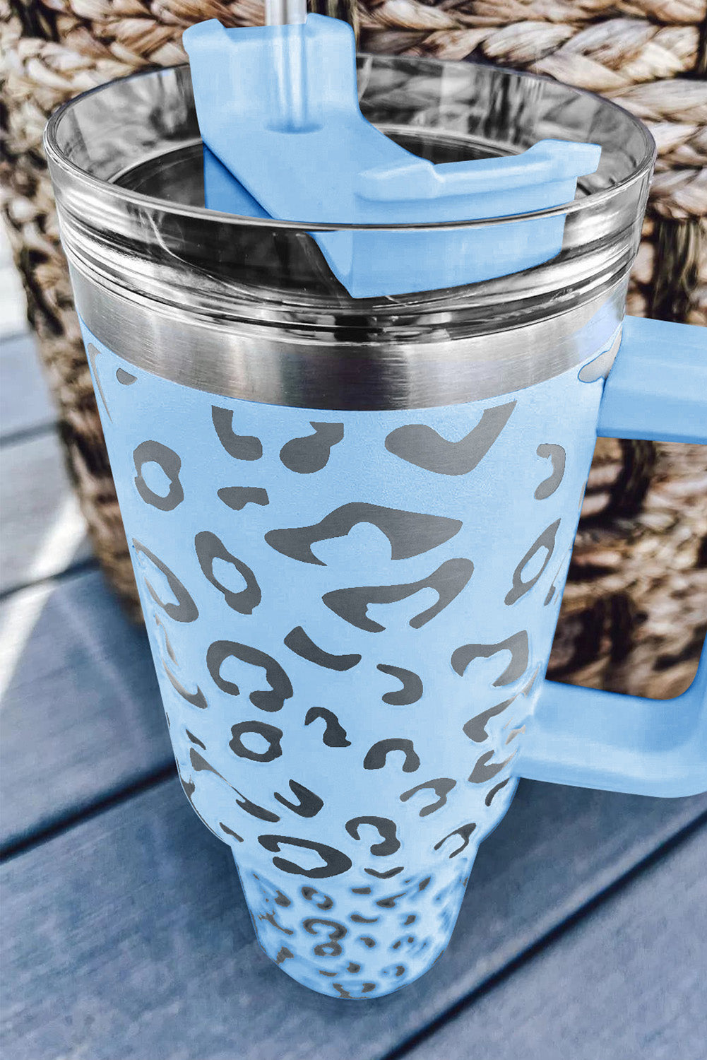 Light Blue METALLIC Leopard Tumbler Cup with Straw