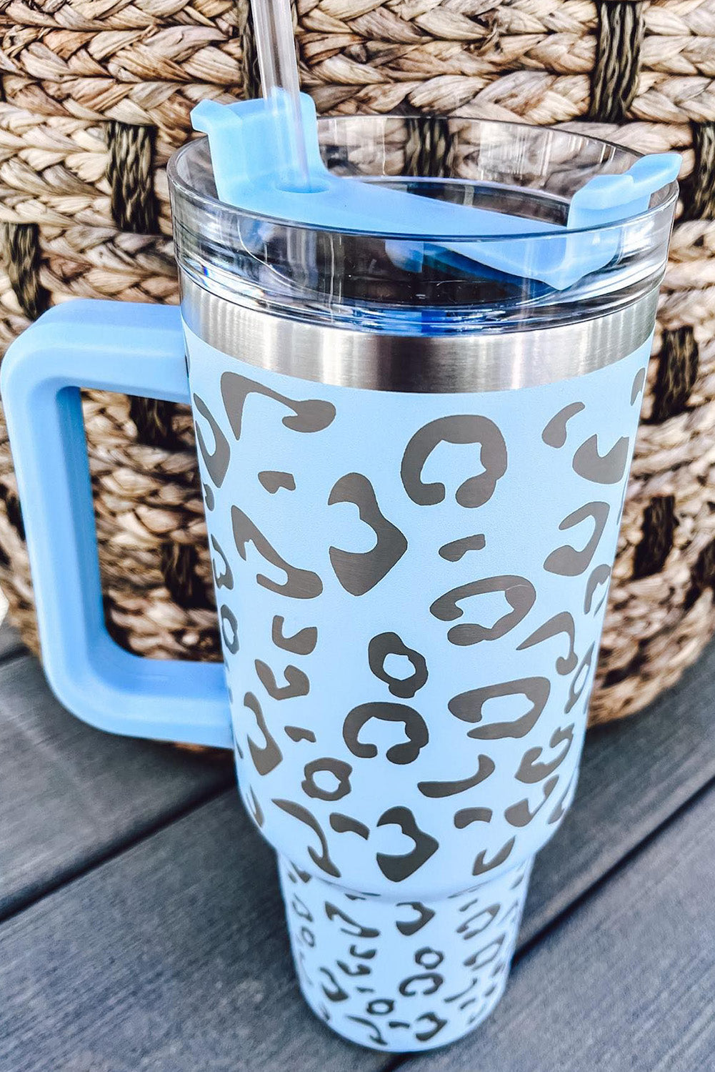 Light Blue METALLIC Leopard Tumbler Cup with Handle - Eclections