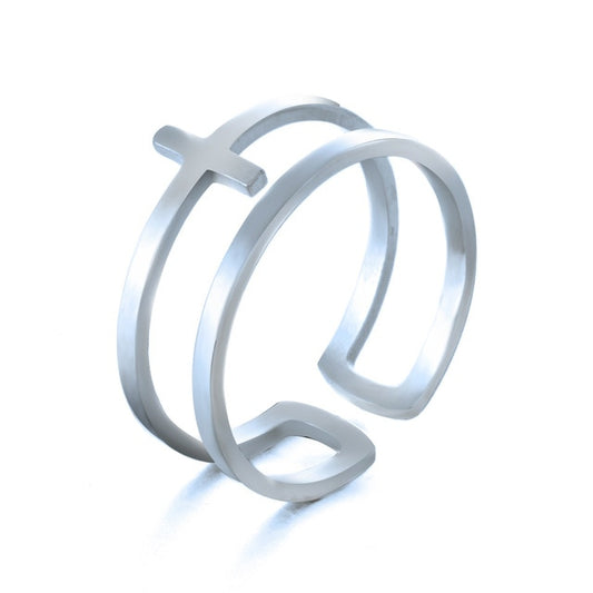 Silver Layered Cross Ring